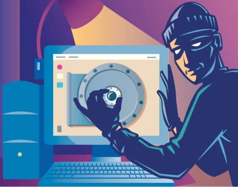 Cyber burglar opening combination safe on computer monitor
