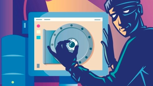 Cyber burglar opening combination safe on computer monitor