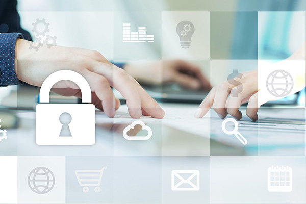 Two people's hands overlayed with data icons