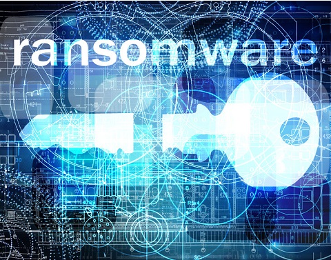 Blueprint style abstract with the word ransomware centered above a broken white key with graphic drawings in background