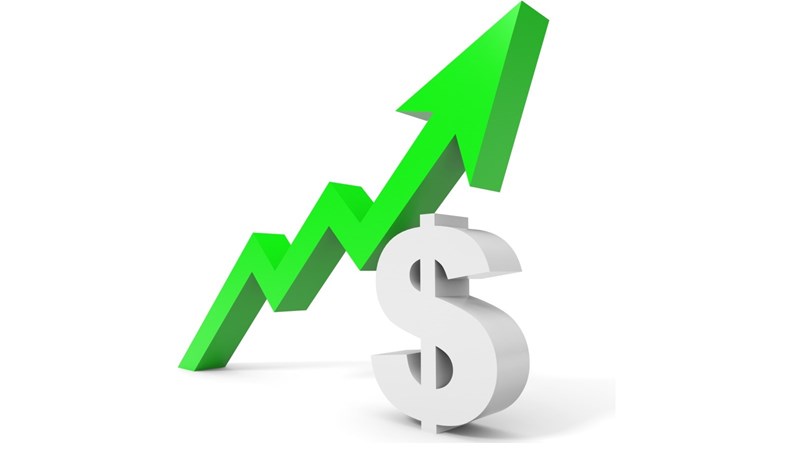 Green Arrow Pointing Upward over a Gray Dollar Sign