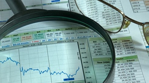 Charts graphs and numbers showing financial analysis with pair of glasses resting on top