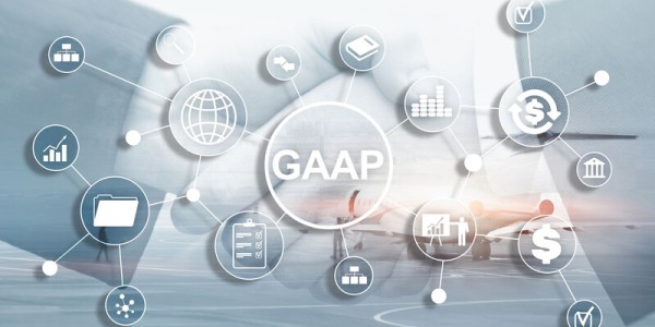 Extending from center circle with acronym GAAP are lines with business icons in front of a handshake and airplane on a runway