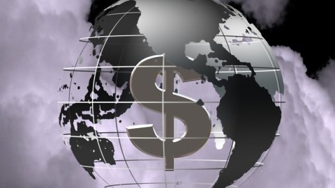 Globe-shaped graph with clouds in background and dollar sign in center