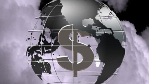 Globe-shaped graph with clouds in background and dollar sign in center