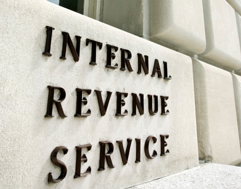"Internal Revenue Service" lettering on white stone