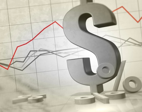 Gray dollar sign and scattered percentage signs scattered in front of a graph on a grid with 1 red and 3 gray trend lines