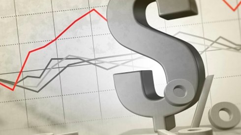 Gray dollar sign and scattered percentage signs scattered in front of a graph on a grid with 1 red and 3 gray trend lines