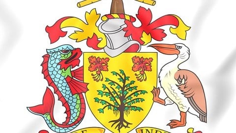Barbados Coat of Arms showing a helmet with a national symbol on top, and a shield beneath that is supported by two animals.