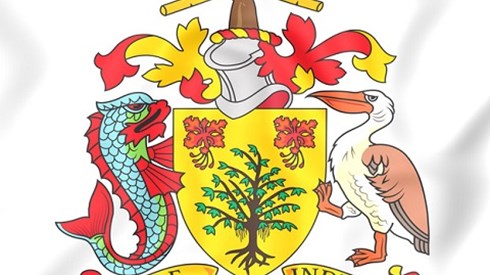 Barbados Coat of Arms showing a helmet with a national symbol on top, and a shield beneath that is supported by two animals.