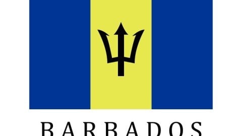 Above the word BARBADOS is its flag with 2 blue vertical outer panels and gold center panel with a broken three-pronged spear