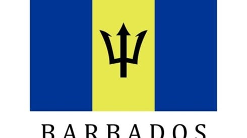 Above the word BARBADOS is its flag with 2 blue vertical outer panels and gold center panel with a broken three-pronged spear