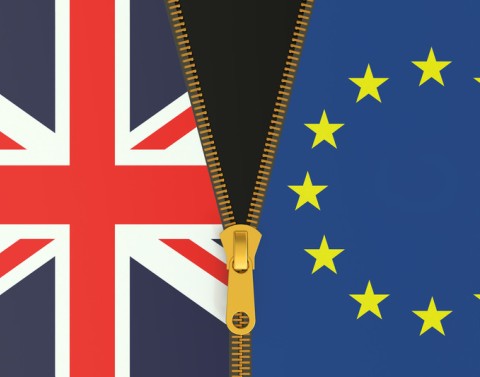 A zipper is separating the flags of Great Britan and Europe