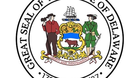 GREAT SEAL OF THE STATE OF DELAWARE with the years 1704 1776 1787 on a white background