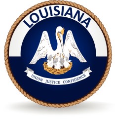 Rope circles word Louisiana above and words Union Justice Confidence below and center a pelican feeding her chicks her blood