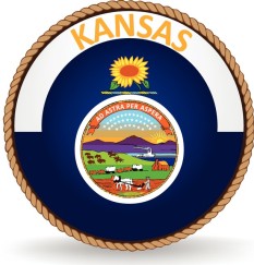 A rope circles the word Kansas and a sunflower sitting over a bar of gold and light blue above the state seal
