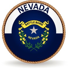 A rope circles the word NEVADA and the state emblem of a silver star with a golden-yellow scroll with the words BATTLE BORN