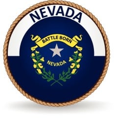 A rope circles the word NEVADA and the state emblem of a silver star with a golden-yellow scroll with the words BATTLE BORN