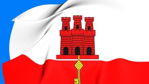 The Gibraltar flag is white with a red stripe at bottom with a three-towered red castle from which a gold key hangs