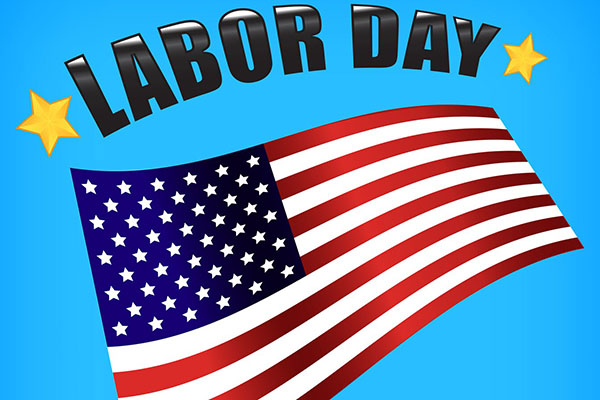 American flag against blue background underneath words LABOR DAY bookended by yellow stars