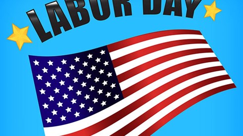 American flag against blue background underneath words LABOR DAY bookended by yellow stars