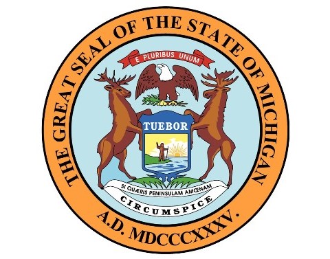 The Great Seal of the State of Michigan has a bald eagle, an elk and moose holding a shield