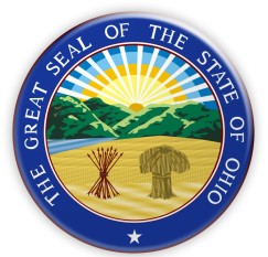 Ohio State Seal has a sheaf of wheat and a bundle of arrows in front of a river between fields and a mountain and rising sun