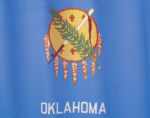 The Oklahoma state flag with light blue material, a dream catcher yellow and orange with feathers and a green branch across it