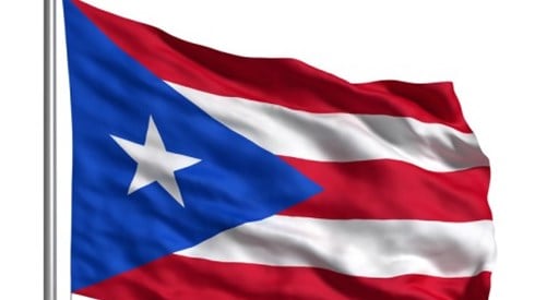 The Puerto Rican flag with 5 alternate red and white stripes on the right and a white star in a blue triangle on the left