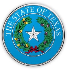 Within a circle are the words THE STATE OF TEXAS above a single star with an oak branch at left and an olive branch at right.