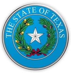 Within a circle are the words THE STATE OF TEXAS above a single star with an oak branch at left and an olive branch at right.