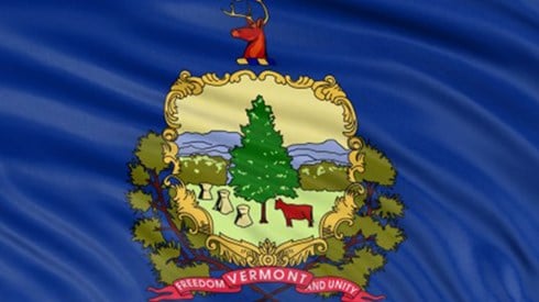 Vermont flag with the blue material rippled and the words FREEDOM VERMONT AND UNITY visible