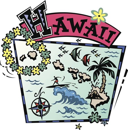 A graphically drawn map of the Hawaiian Islands with a lei, surfer on waves,  colorful fish, and HAWAII printed at the top