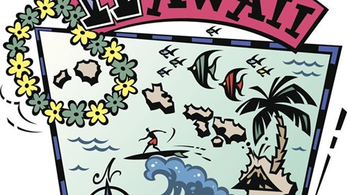 A graphically drawn map of the Hawaiian Islands with a lei, surfer on waves, colorful fish, and HAWAII printed at the top