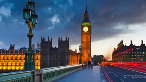 London bridge with Big Ben clock and House of Parliament buildings showing prominently at dusk with clouds
