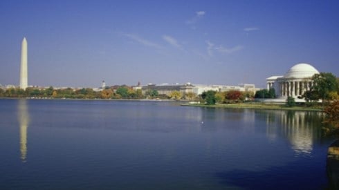 Landscape of Washington DC over water and monuments