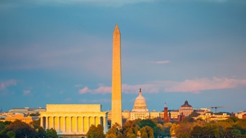 Washington DC skyline showing Lincoln Memorial and Washington Monument and United States Capitol Building