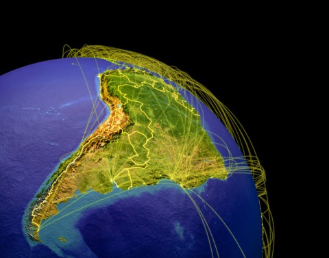 View of South America from space with lines coming out of cities