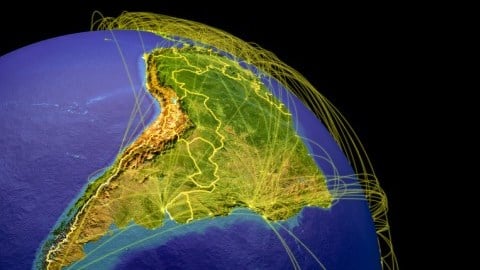 View of South America from space with lines coming out of cities