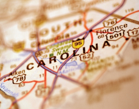 A piece of a road map of South Carolina with interstate highway numbers marked