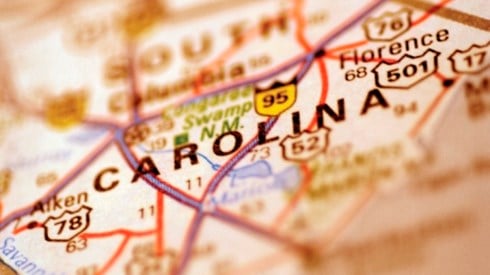 A piece of a road map of South Carolina with interstate highway numbers marked