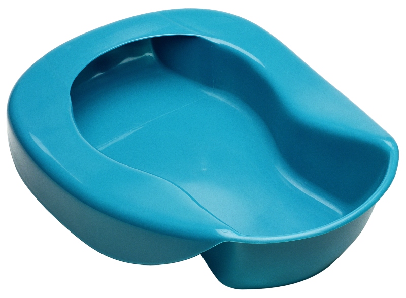 A blue bed pan sitting on a white background