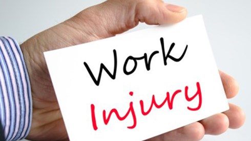 Hand holding card with the words Work Injury printed on it in black and red type