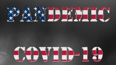 The words PANDEMIC COVID19 stenciled with the stars and stripes of the American flag with a grey-black sky background