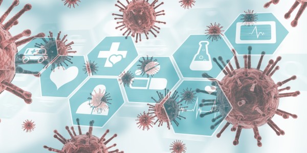 Medical-Related Icons Collected in a Honeycomb Shape Surrounded by Floating COVID-19 Cells