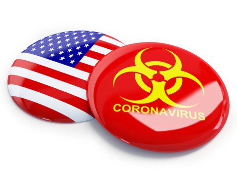 A pinback button with the biohazard symbol and the word coronavirus along with a pinback button of the US flag