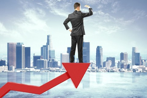 On the tip of large red arrow moving upward a businessman stands with palm at forehead viewing a city waterfront