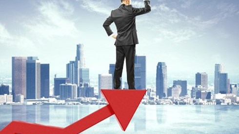 On the tip of large red arrow moving upward a businessman stands with palm at forehead viewing a city waterfront