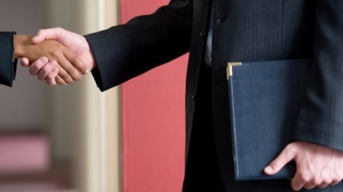 Businessman With Portfolio Shaking Hands With Businesswoman