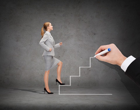 Businesswoman Walking Up Hand Drawn Stairs